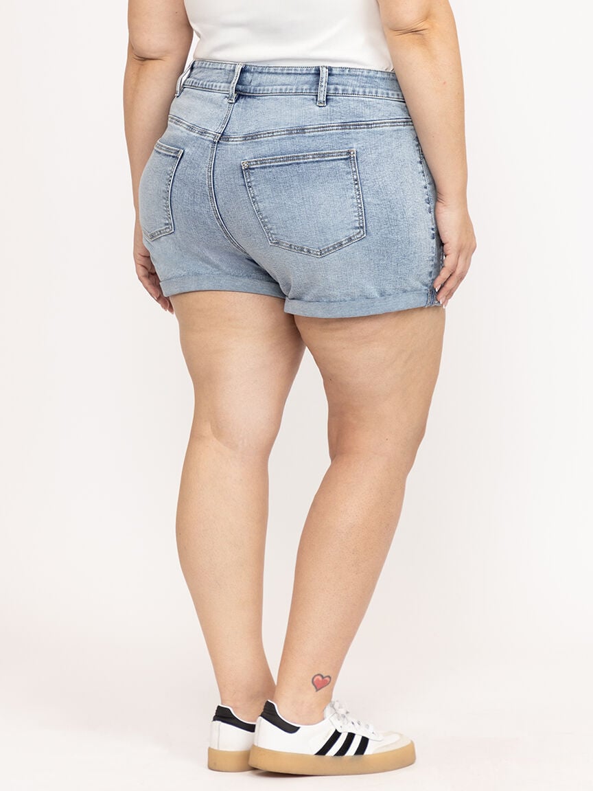 Women's Plus High Rise Rip & Repair Medium Wash Cuffed Shortie