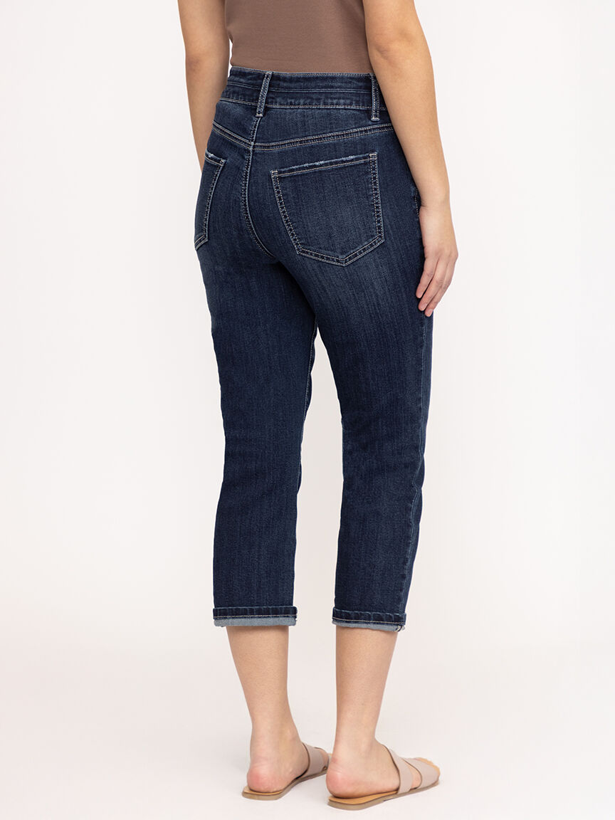 Women's 2 Button Dark Wash Mid Rise Cuffed Jean Capri