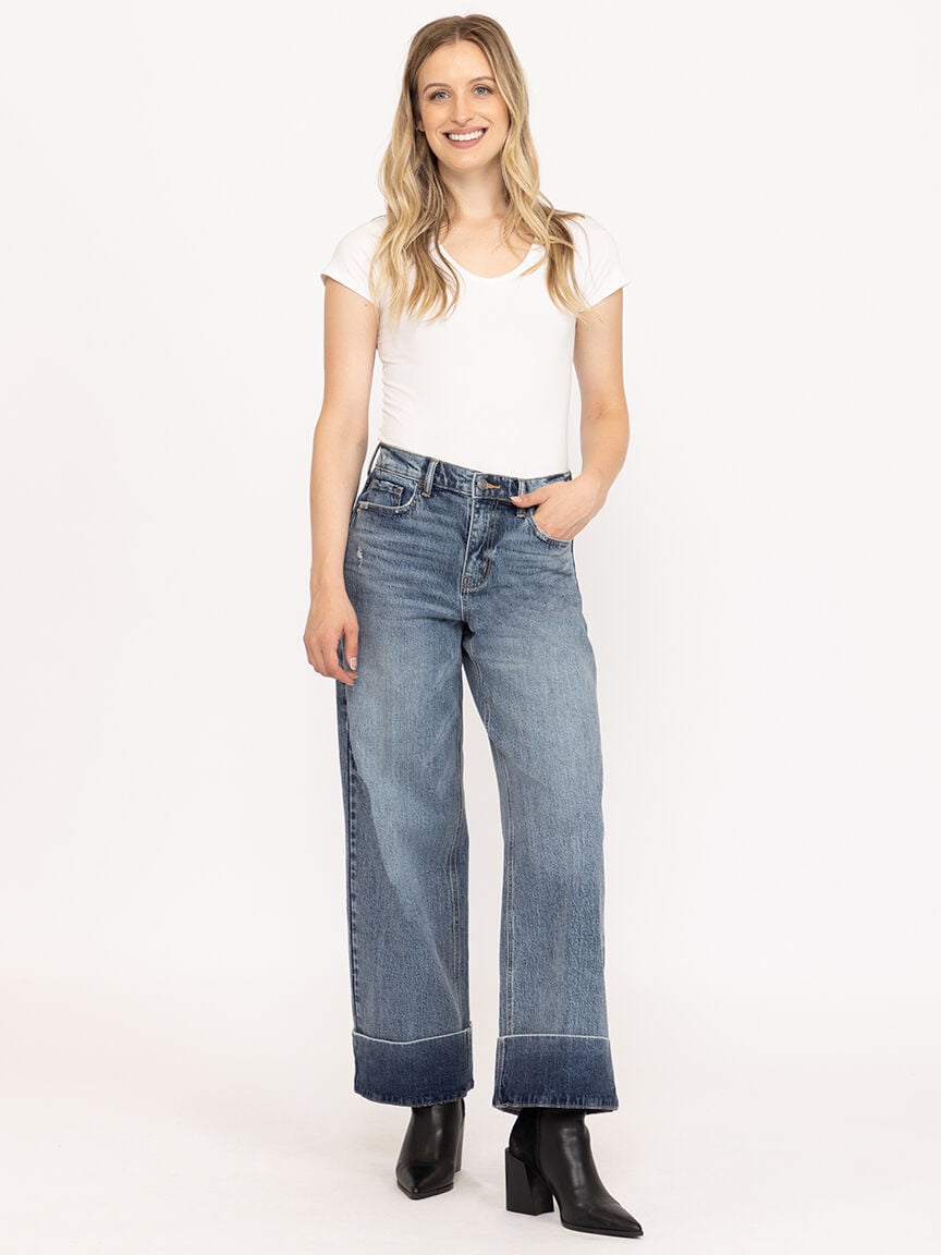 Women's Medium Wash Self High Hem High Rise Wide Leg Jeans