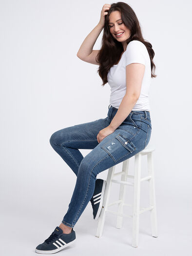 Women's High Rise Cargo Skinny Jeans, MEDIUM DARK