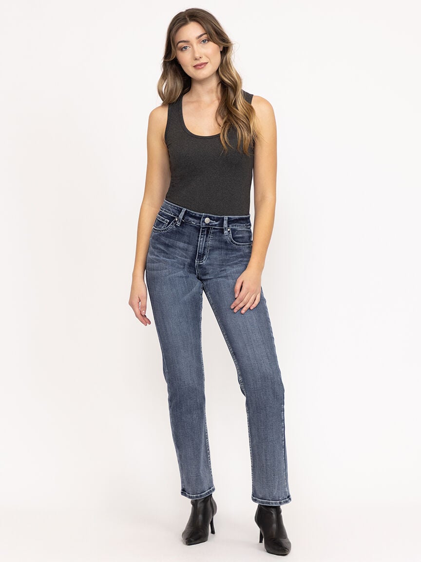 Women's Medium Dark Wash Cross Embellished Baby Boot Jeans