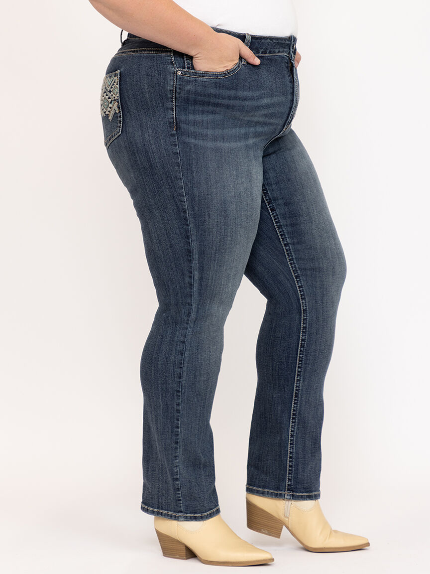 Women's Plus Medium Dark Wash Geo Embroidered Straight Jeans