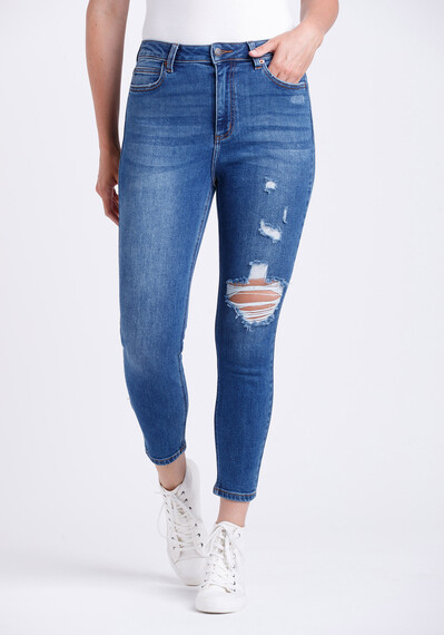 Women's High Rise Destroyed Mom Crop Skinny Jeans Image 1
