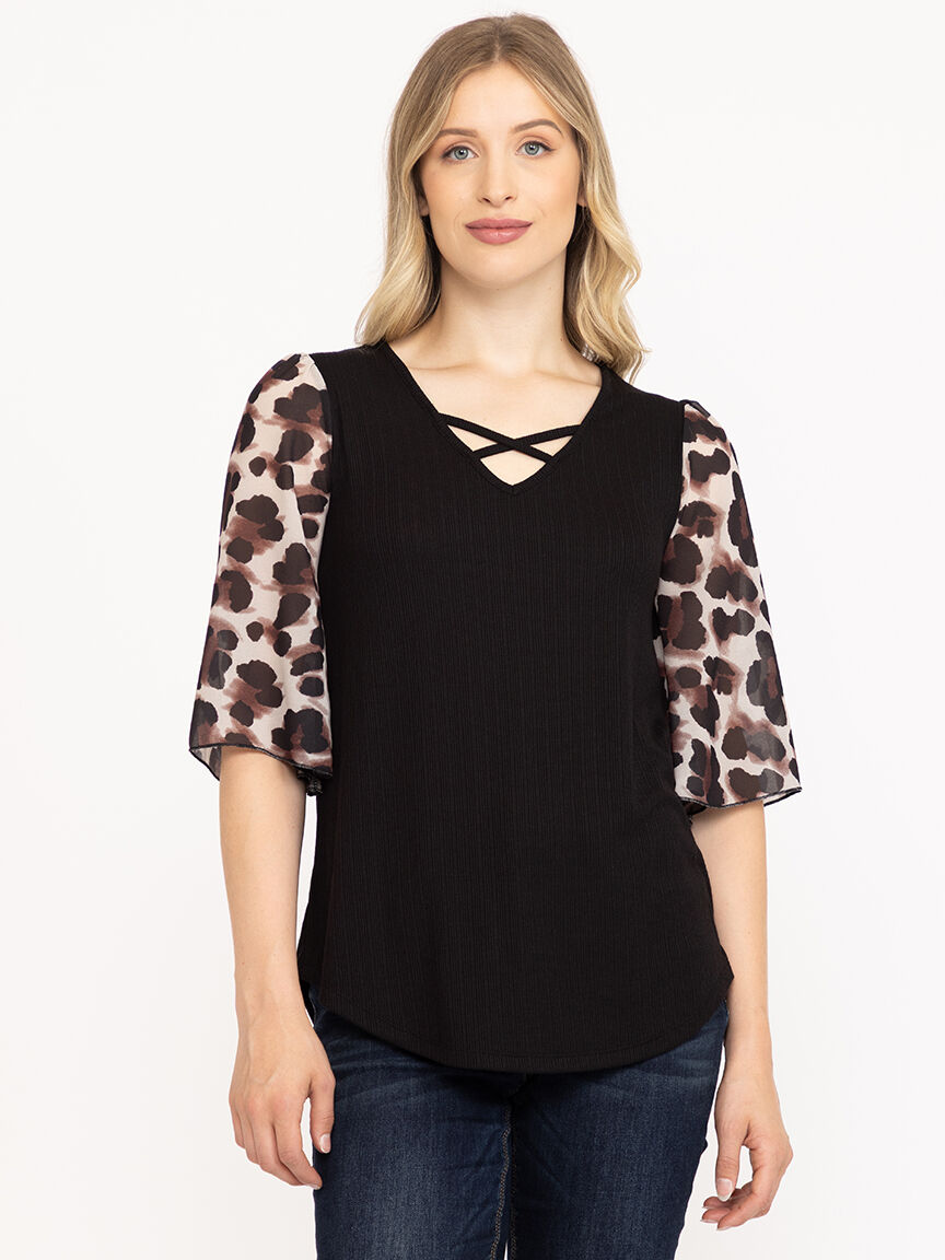 Women's Leopard Flutter Sleeve Top