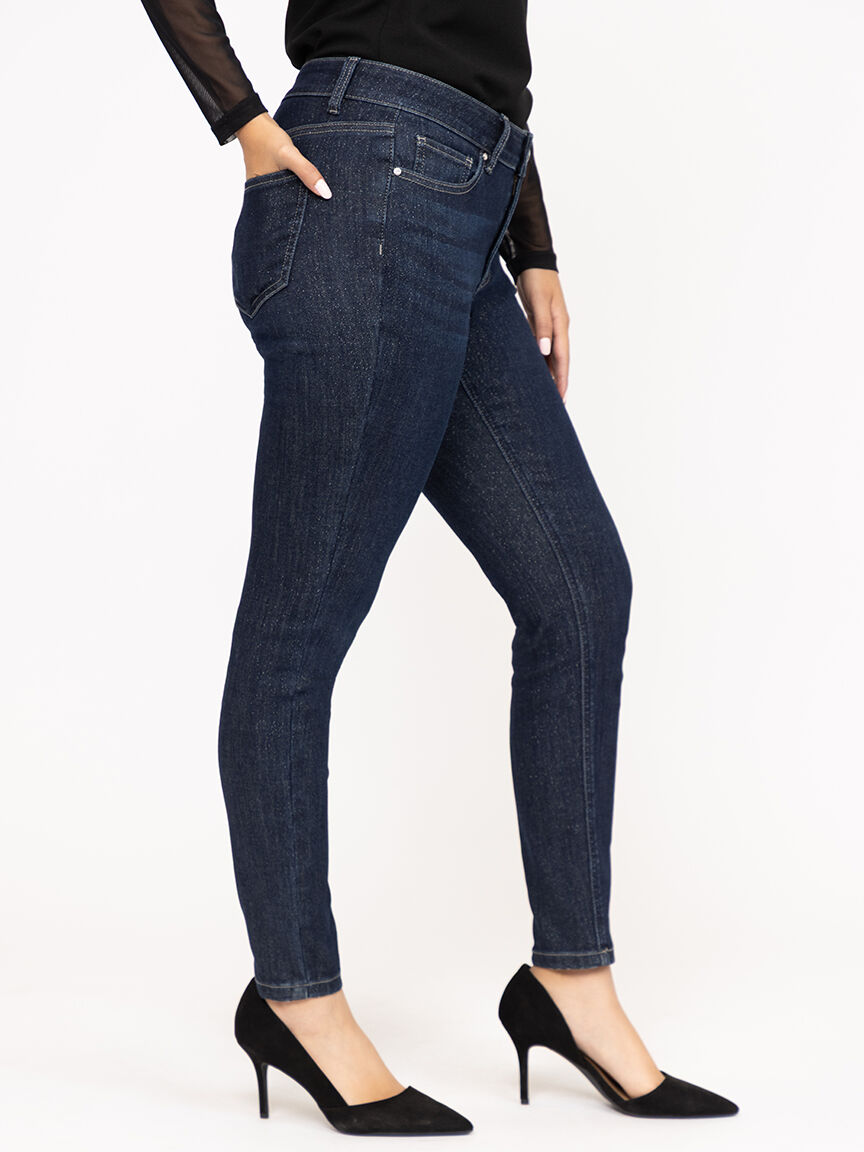 Women's Mid Rise Dark Wash Sparkle Skinny Jeans