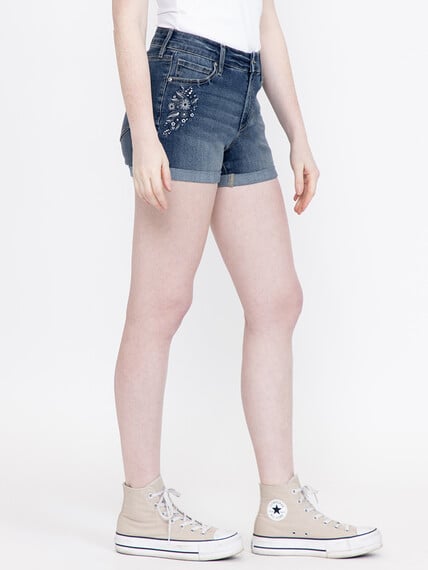 Women's Medium Wash Floral Embroidery Cuffed Shortie Women's Medium Wash Floral Embroidery Cuffed Shortie Image 3