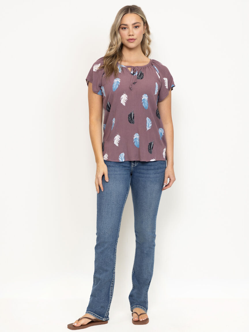 Women's Feather Tie Neck Peasant Top