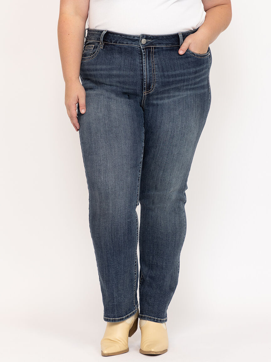 Women's Plus Medium Dark Wash Geo Embroidered Straight Jeans