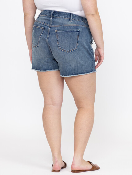 Women's Plus Medium Wash Frayed Hem Shortie with Crochet Lace Insert Women's Plus Medium Wash Frayed Hem Shortie with Crochet Lace Insert Image 4