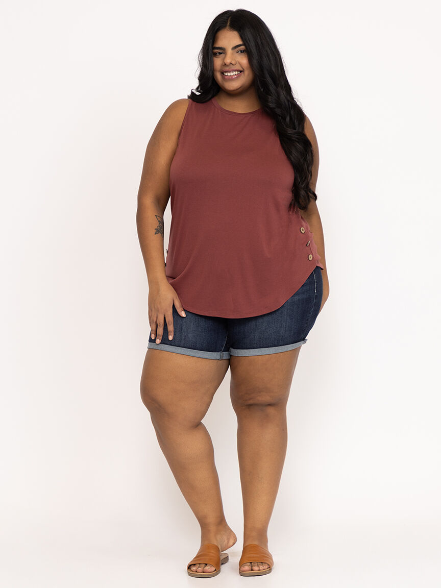 Women's Plus Dark Wash Mid Rise Double Cuffed Midi Short