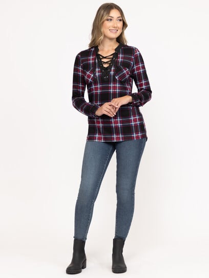 Women's Lace Up Plaid Shirt Women's Lace Up Plaid Shirt