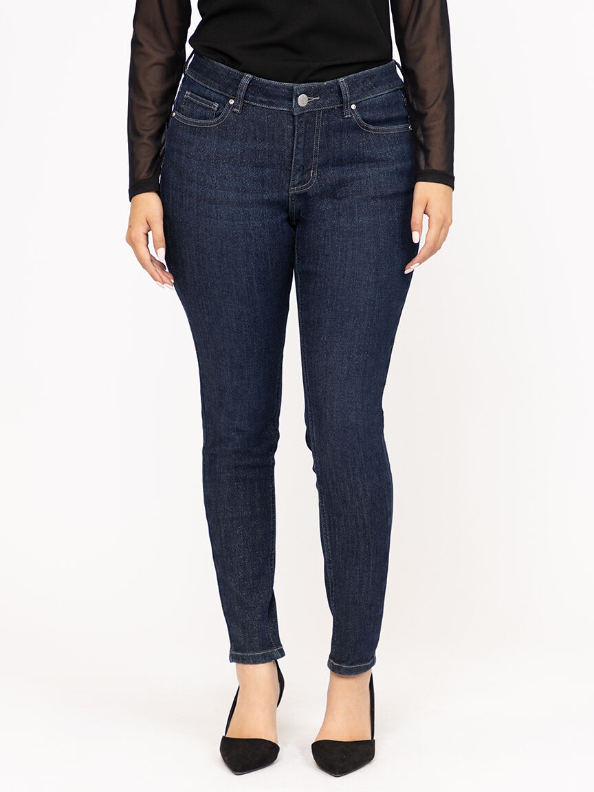 Women's Mid Rise Dark Wash Sparkle Skinny Jeans