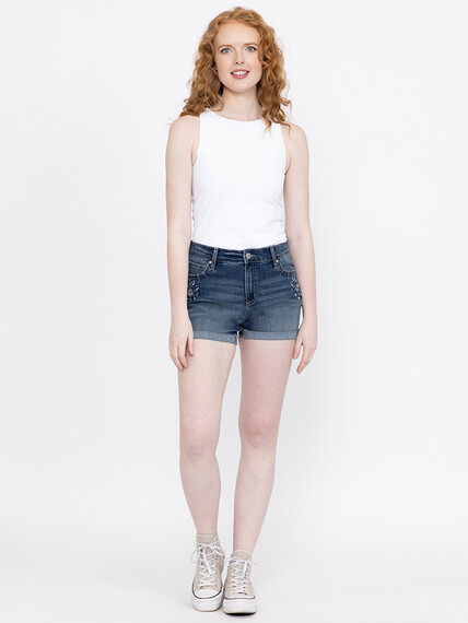 Women's Medium Wash Floral Embroidery Cuffed Shortie Women's Medium Wash Floral Embroidery Cuffed Shortie Image 1