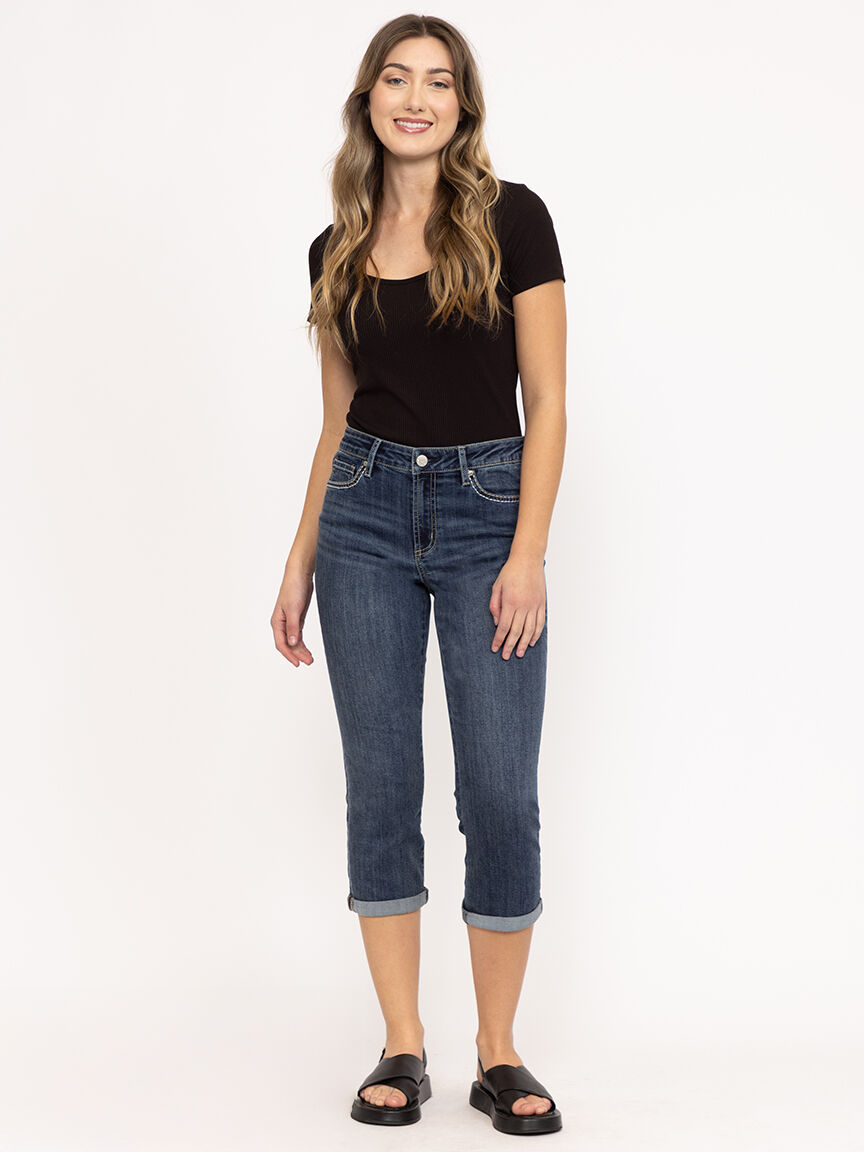 Women's Contrast Multi Thread Medium Dark Wash Jean Capri