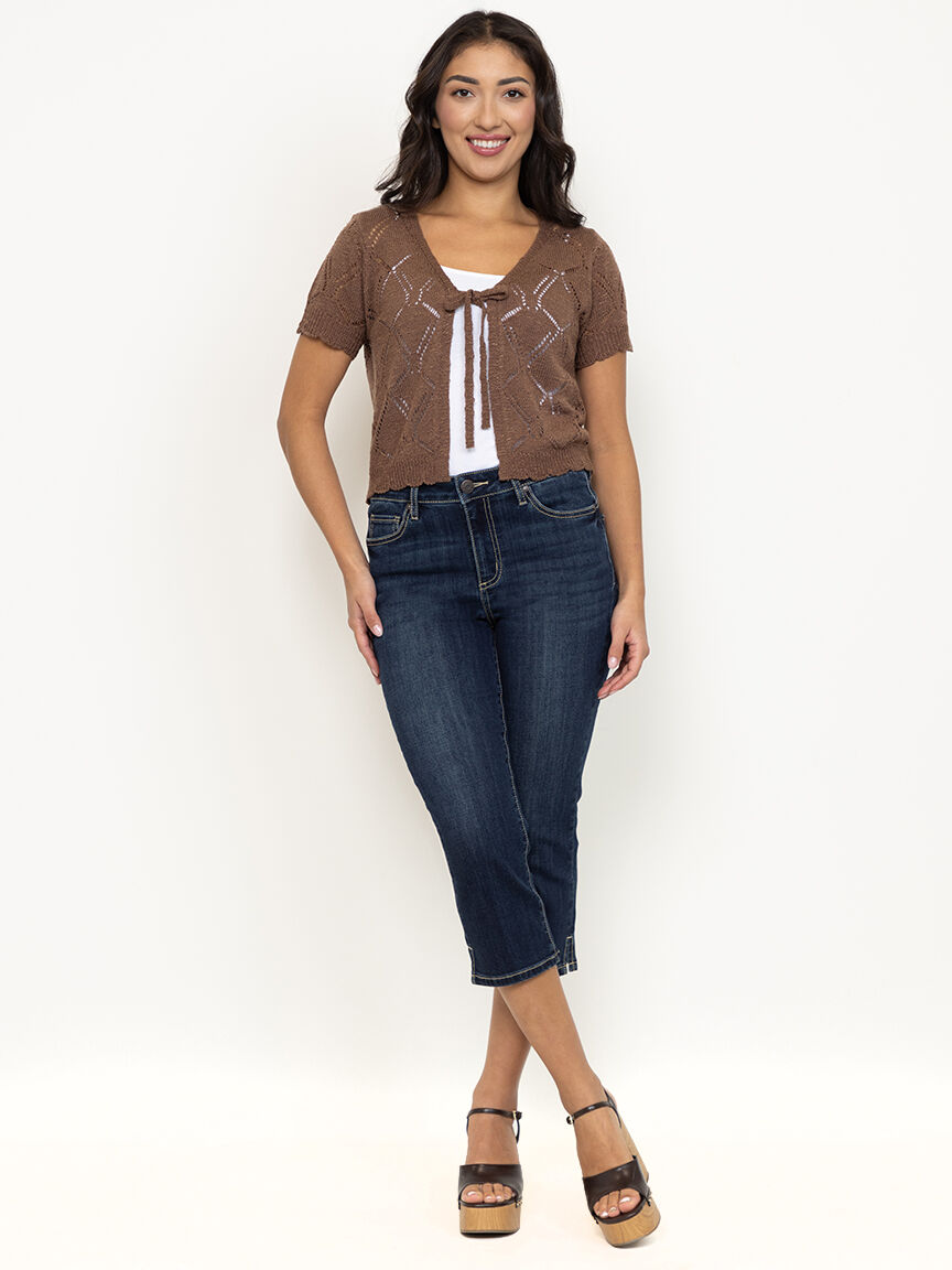 Women's Side Slit Hem Dark Wash Jean Capri