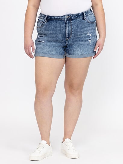 Women's Plus High Rise Rip & Repair Medium Wash Cuffed Shortie Women's Plus High Rise Rip & Repair Medium Wash Cuffed Shortie