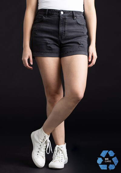 Women's High Rise Destroyed Black Cuffed Short Image 1