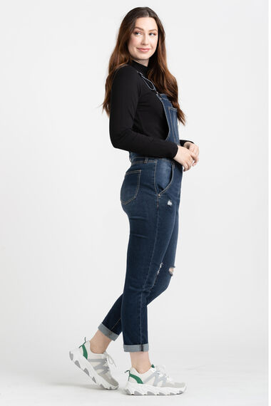 Women's Destroyed Slim Cuffed Overall Jeans Image 3