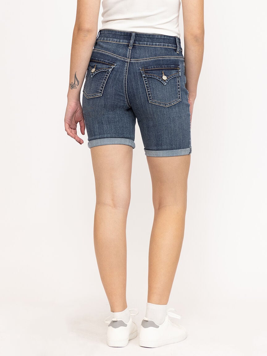 Women's 2 Button Medium Dark Wash Mid Rise Bermuda Short
