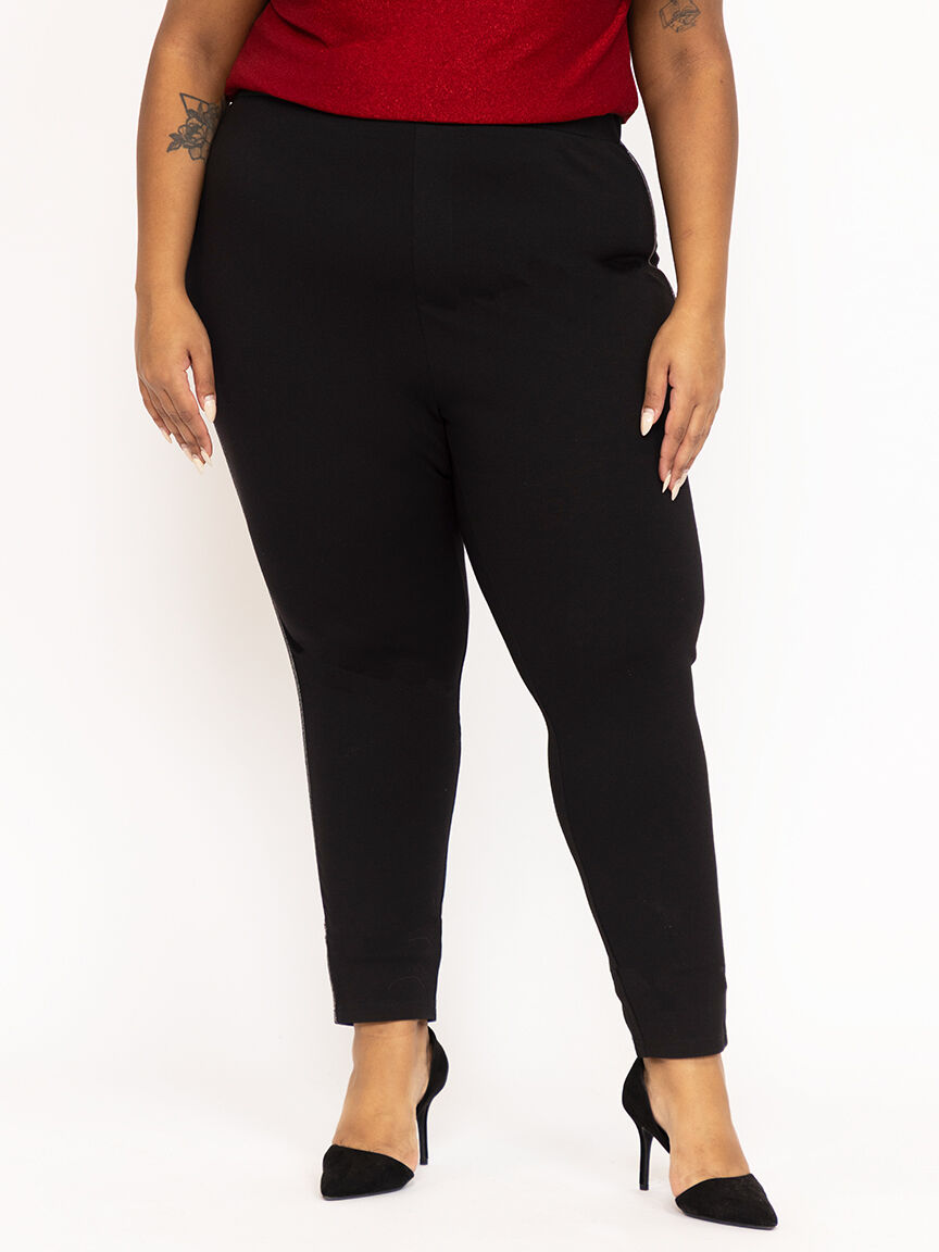 Women's Black Pull-on Rhinestone Outseam Ponte Skinny Pant