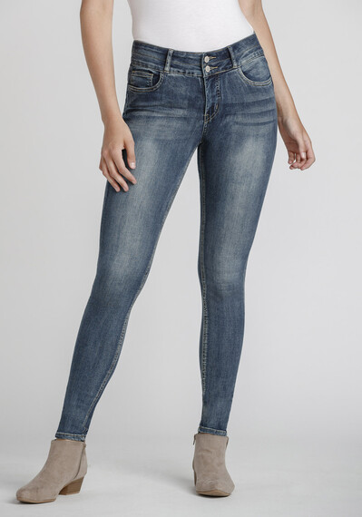 Women's Stacked Button Mid Wash Skinny Jeans Image 1