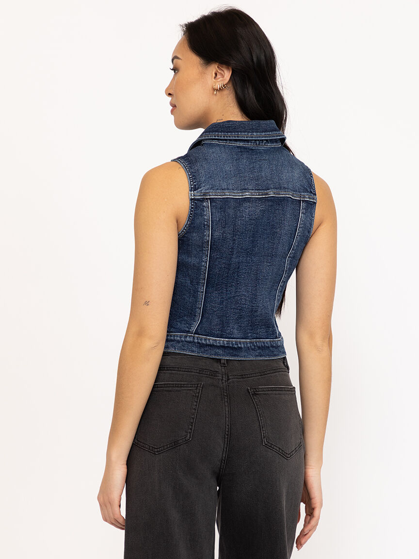 Women's Dark Wash Cropped Denim Vest With Collar