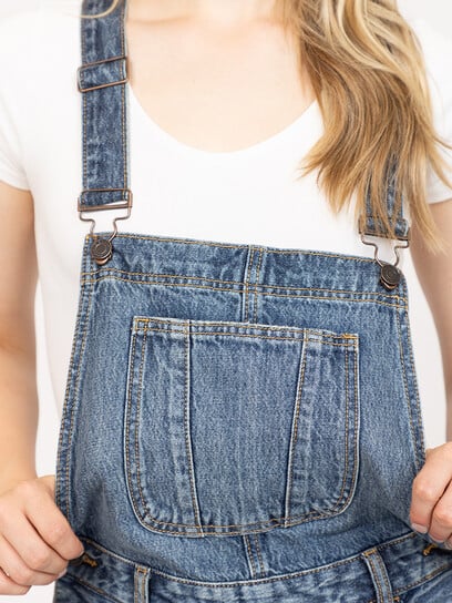 Women's Medium Wash Mid Rise Barrel Overall Women's Medium Wash Mid Rise Barrel Overall