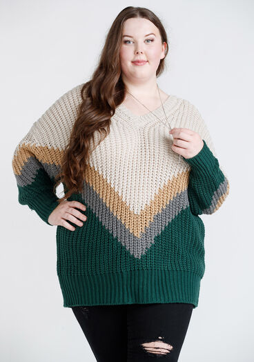 Women's Chevron Colour Blocked Sweater, HUNTER GREEN