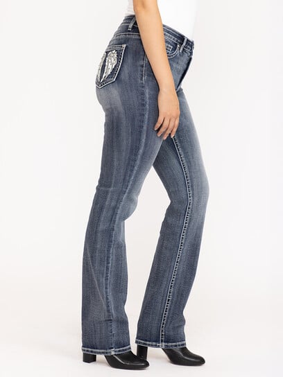 Women's Medium Dark Wash Wing Embellished Baby Boot Jeans Women's Medium Dark Wash Wing Embellished Baby Boot Jeans
