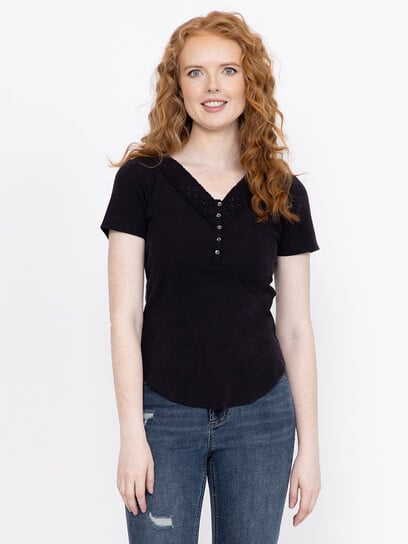 Women's Washed Ribbed Henley Tee Women's Washed Ribbed Henley Tee