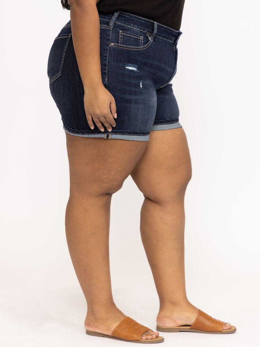 Women's Plus Dark Wash Distress Cuffed Midi Short