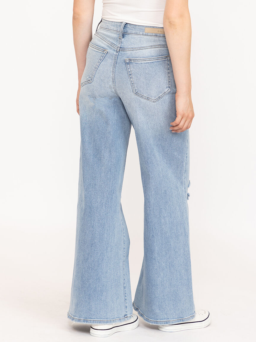 Women's Light Wash Distress High Rise Wide Leg Jeans
