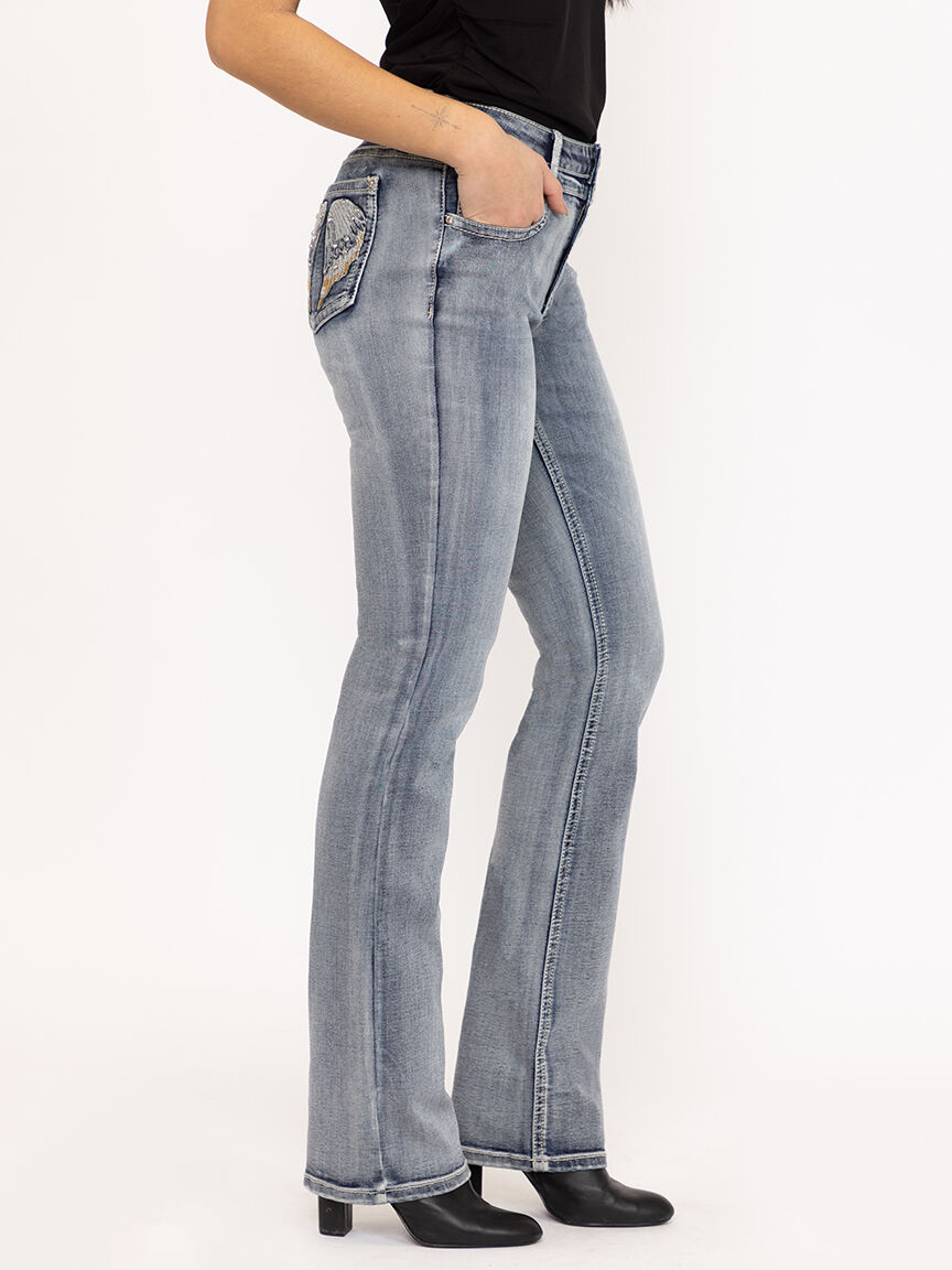 Women's Light Wash Wing Embellished Baby Boot Jeans