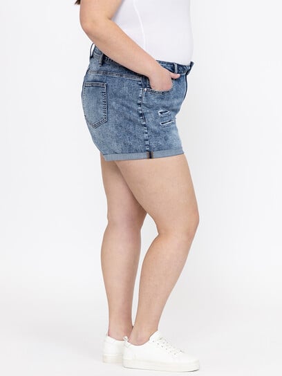 Women's Plus High Rise Rip & Repair Medium Wash Cuffed Shortie Women's Plus High Rise Rip & Repair Medium Wash Cuffed Shortie