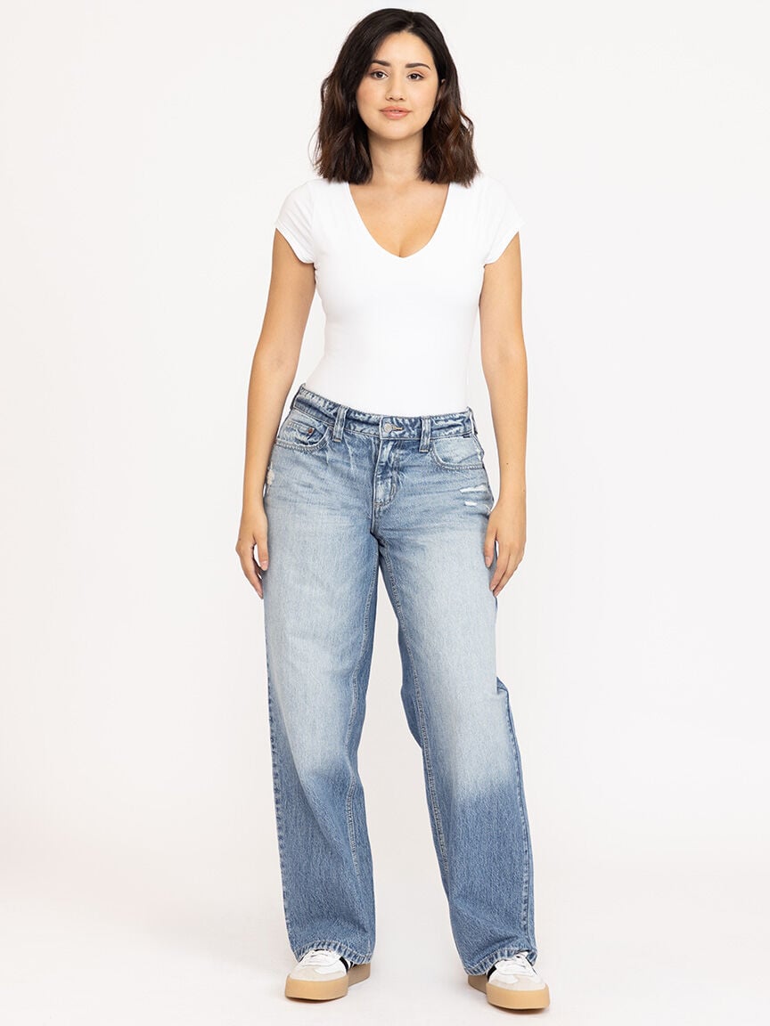 Women's Light Wash Distress Low Rise Baggy Jeans