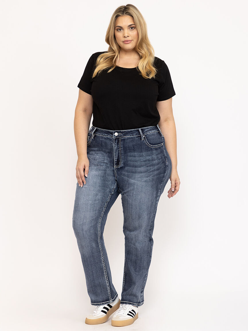 Women's Plus Medium Dark Wash Cross Embellished Straight Leg Jeans