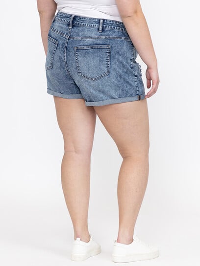 Women's Plus High Rise Rip & Repair Medium Wash Cuffed Shortie Women's Plus High Rise Rip & Repair Medium Wash Cuffed Shortie