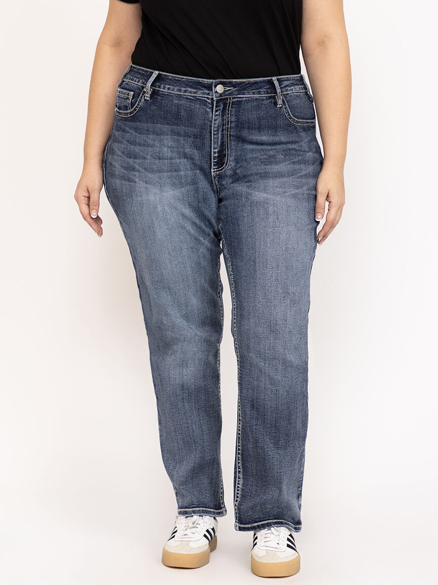 Women's Plus Medium Dark Wash Cross Embellished Straight Leg Jeans