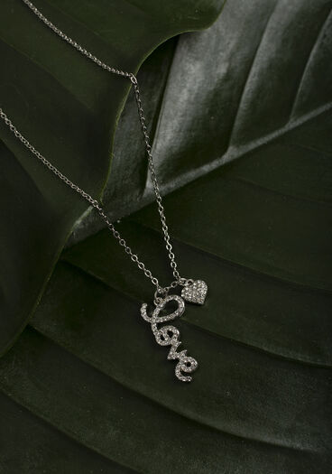 Pave Heart Love Silver Necklace, SILVER