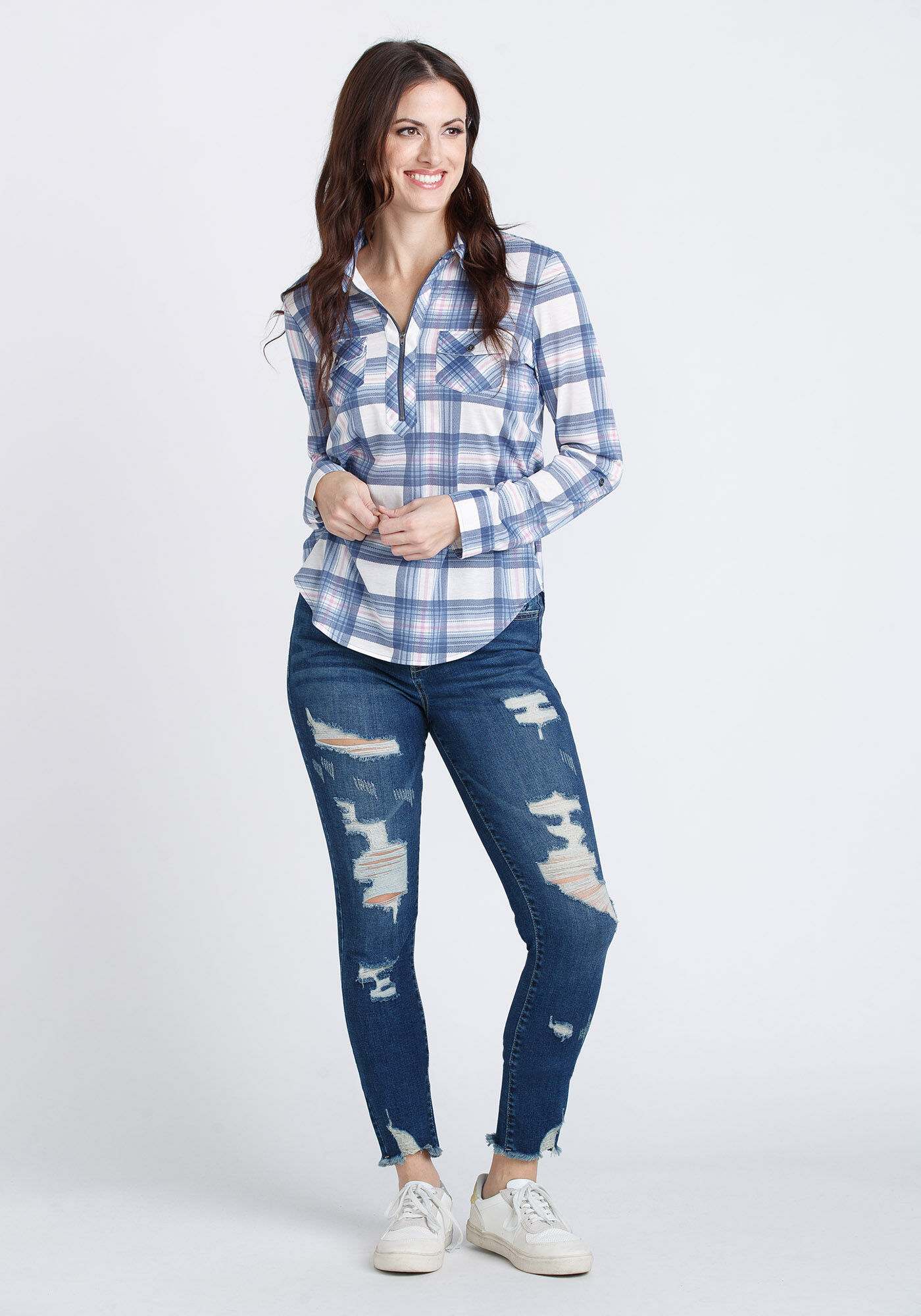 Women's Half Zip Knit Plaid Shirt Warehouse One