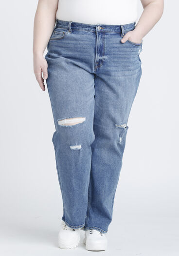 Women's Plus High Rise Destroyed Vintage Straight Jeans, MEDIUM WASH