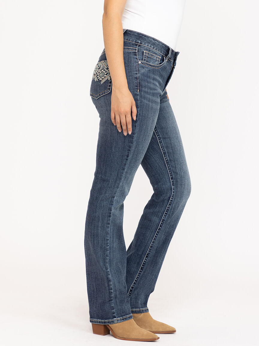 Women's Medium Dark Wash Geo Embroidered Straight Jeans