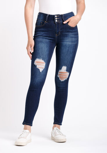 Women's 3 Button High Rise Destroyed Skinny Jeans, DARK WASH