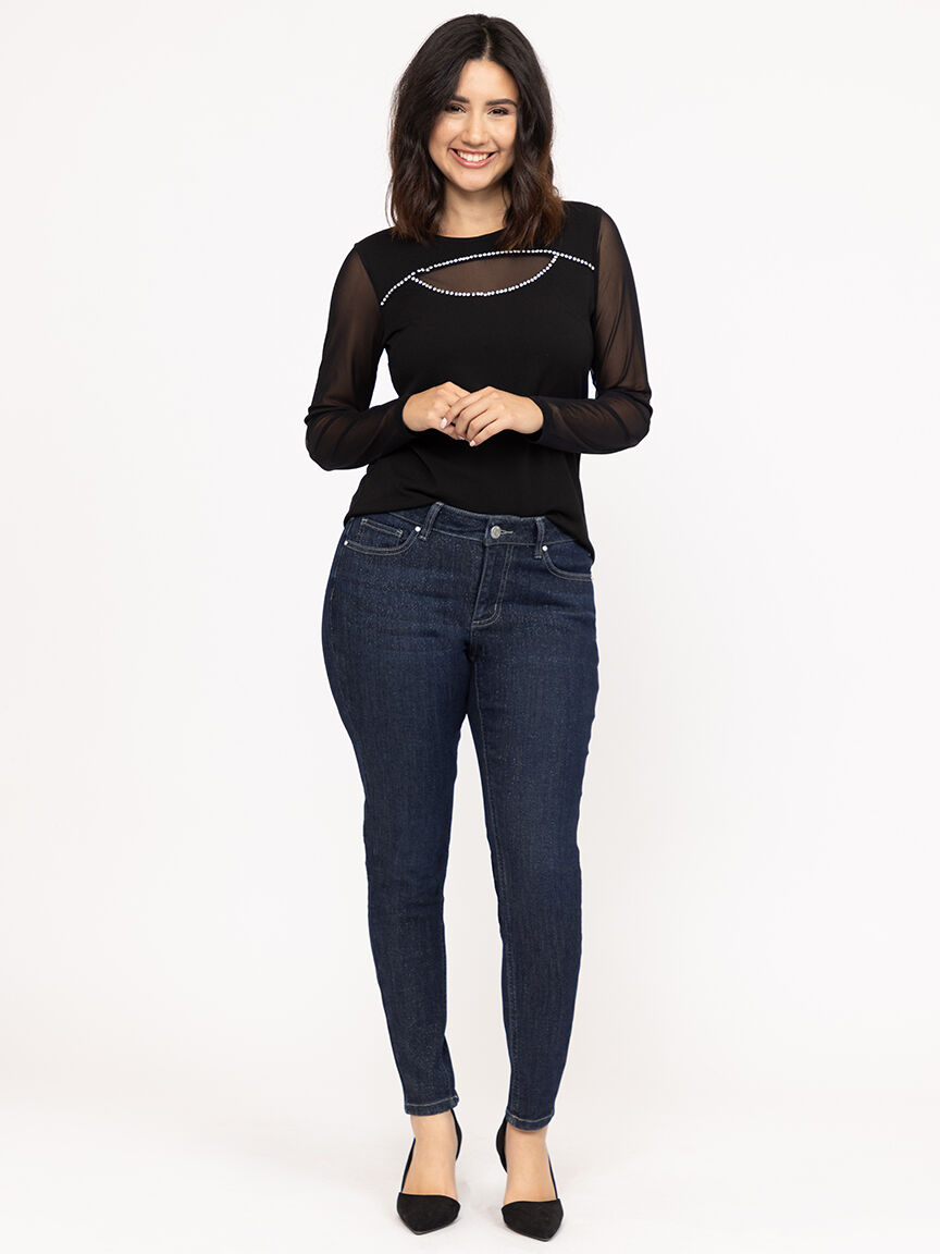 Women's Mid Rise Dark Wash Sparkle Skinny Jeans