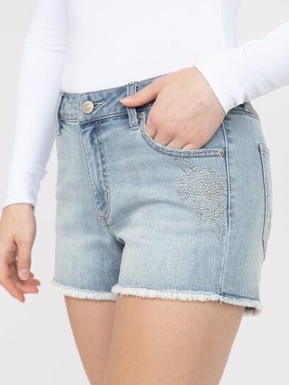 Women's Light Wash Frey Hem with Floral Stud Shortie Women's Light Wash Frey Hem with Floral Stud Shortie