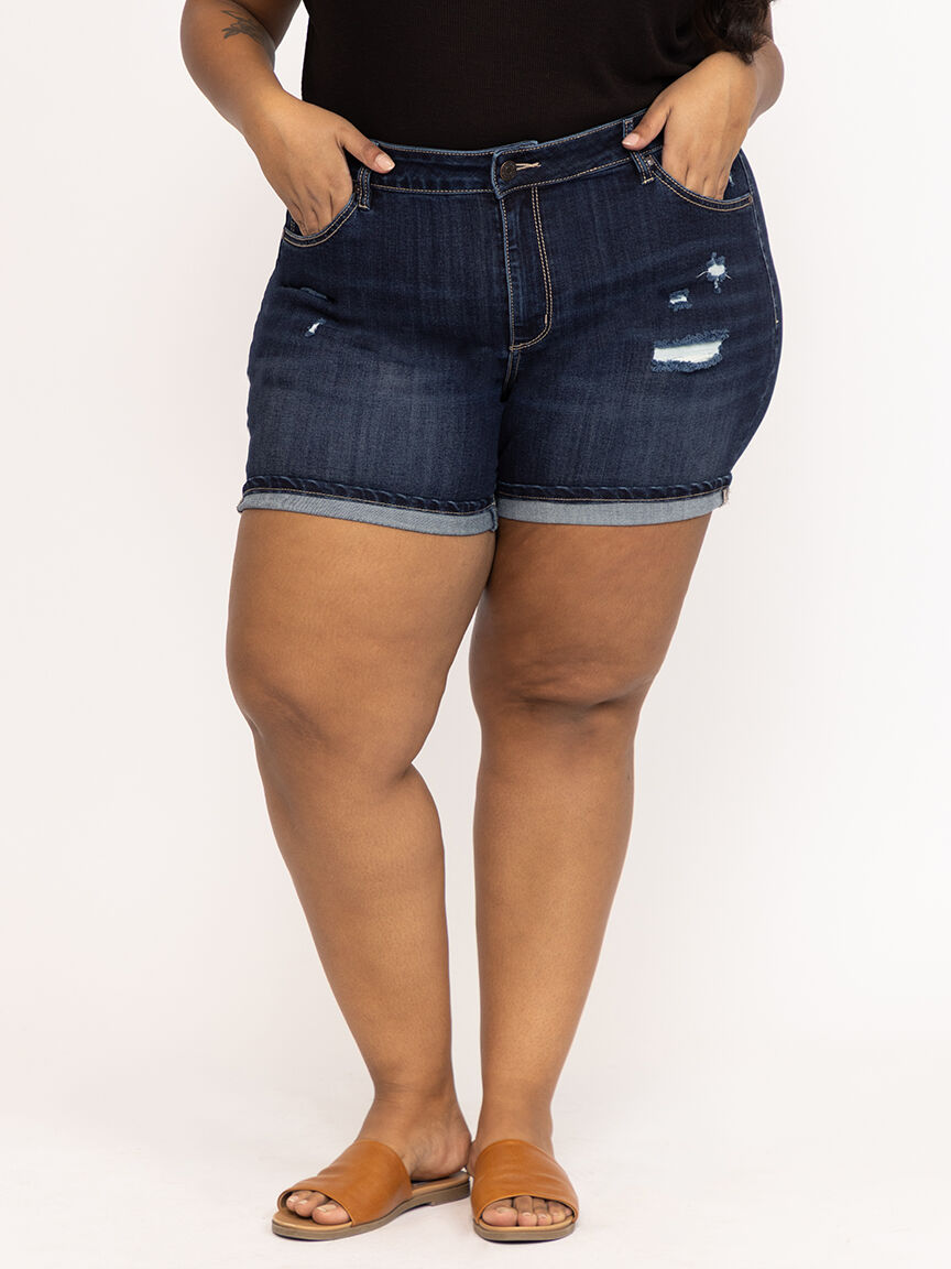 Women's Plus Dark Wash Distress Cuffed Midi Short