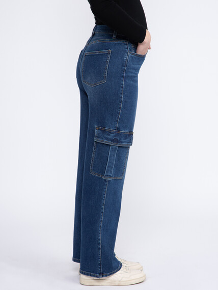 Women's Dark Wash High Rise Drapey Wide Leg Cargo Jeans Women's Dark Wash High Rise Drapey Wide Leg Cargo Jeans Image 3