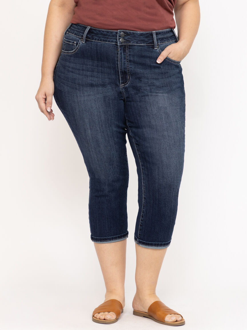 Women's Plus 2 Button Dark Wash Mid Rise Cuffed Jean Capri