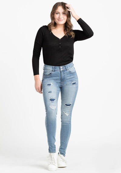 Women's 2 Button Rip & Repair Skinny Jeans Image 1