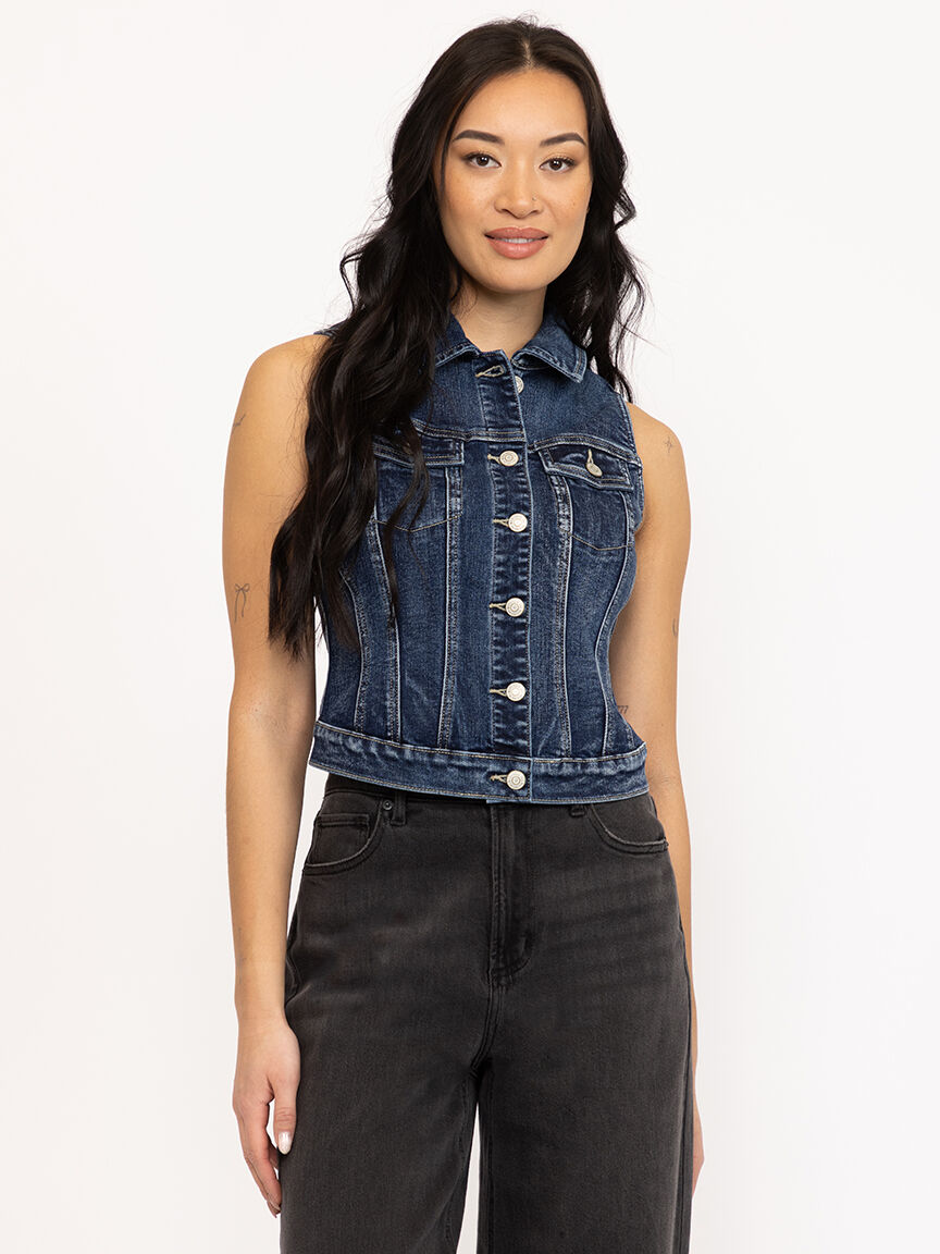 Women's Dark Wash Cropped Denim Vest With Collar